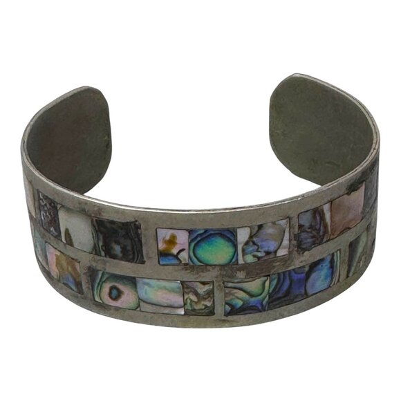 Vintage Abalone Shell & Metal Alpaca Inlaid Southwest Mosaic Cuff Bracelet 7.5” - Picture 5 of 7